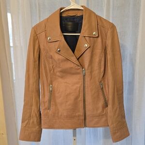 STORM and MARIE Women's Cognac Leather Moto Jacket with Asymmetrical Zip